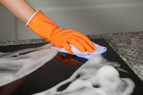 Domestic cleaner working in a Richmond kitchen and living area